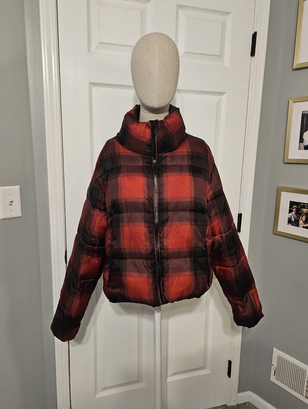 Old Navy Red and Black Plaid Puffer Jacket